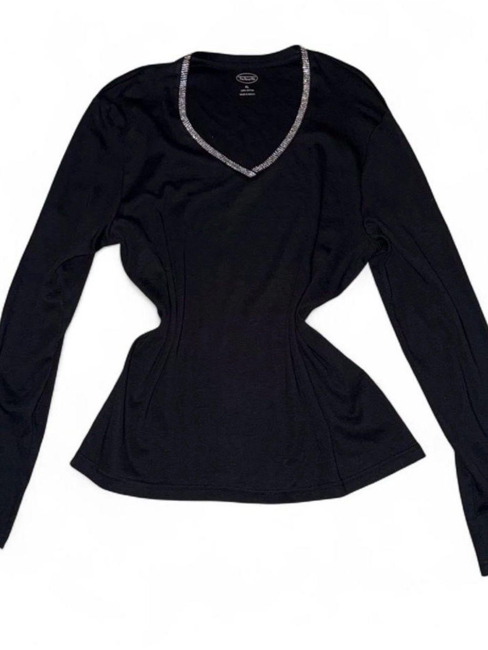 Talbots Vintage Women’s Black V-Neck Long Sleeve Top with Rhinestone Trim